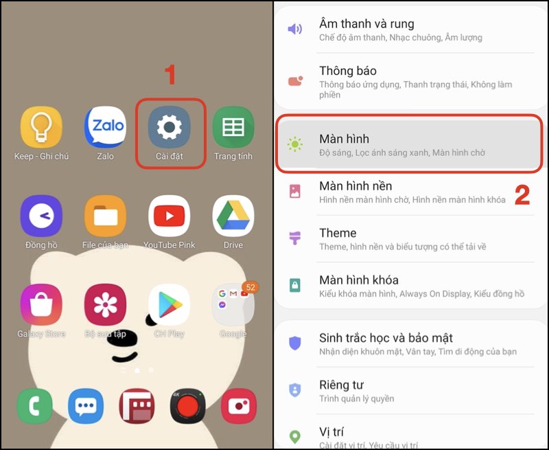 Giao diện Settings của điện thoại Samsung (Android 10)